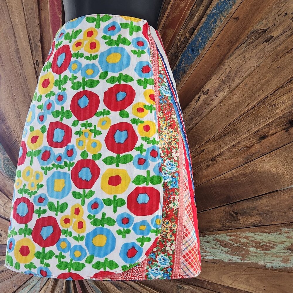 Handmade patchwork/mixed media double sided A-line wrap skirt Sz XS-M